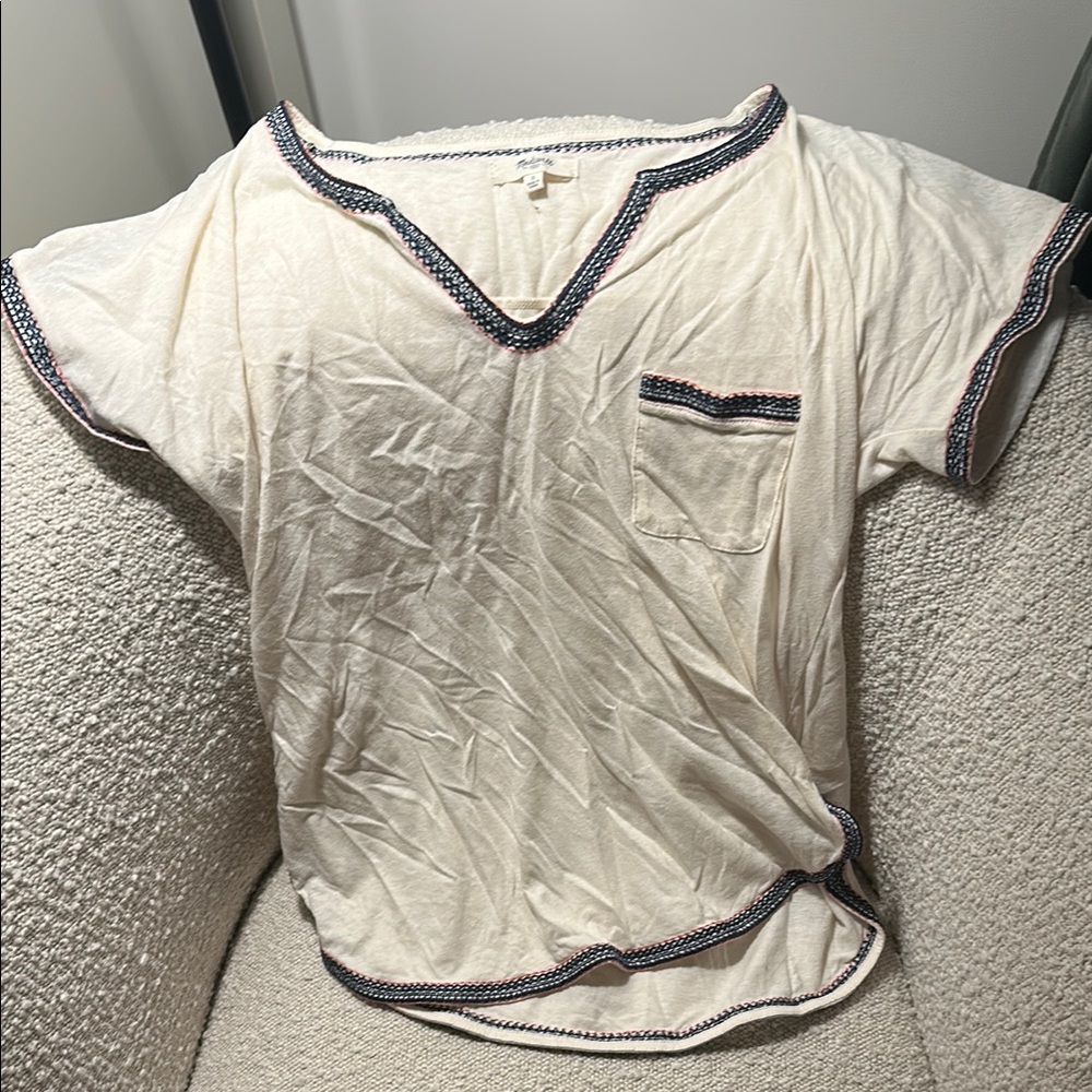 Madewell Cream Short Sleeve Tee with Black and Red Trim